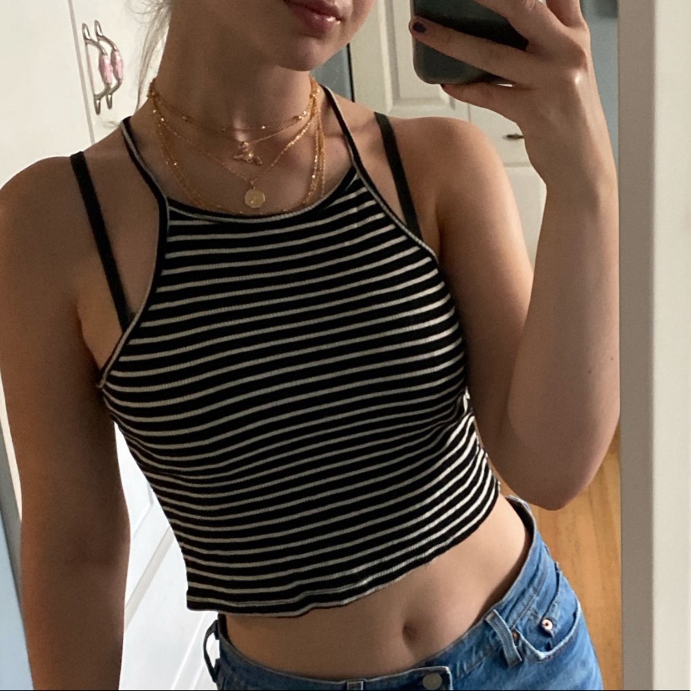 Brandy Melville Black and White Striped Halter Top